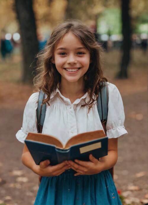 glimlachend meisje met een woordenboek in haar handen meest gesproken taal ter wereld skrivanek
