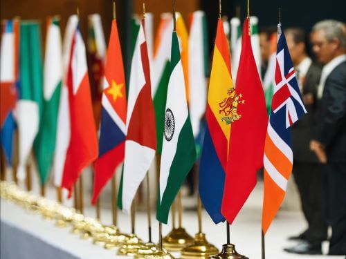 kleine vlaggen op een diplomatieke top van staten meest gesproken taal ter wereld skrivanek