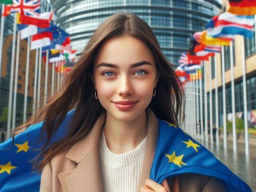 Jonge vrouw met wapperende vlaggen van de landen van de Europese Unie Welke taal spreken ze in Luxemburg skrivanek